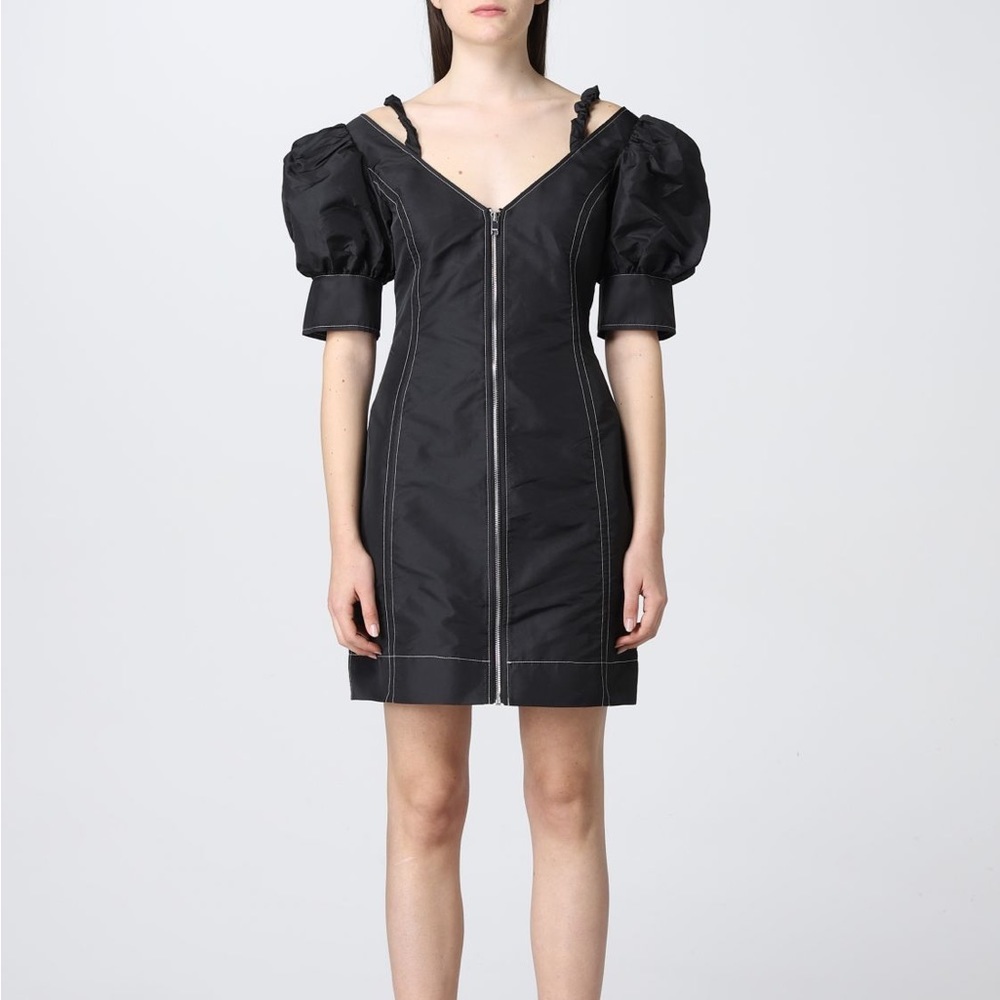 NWT GANNI Taffeta Black Nylon V-Neck Puff Sleeve Mini Dress Womens 36 Small US 4